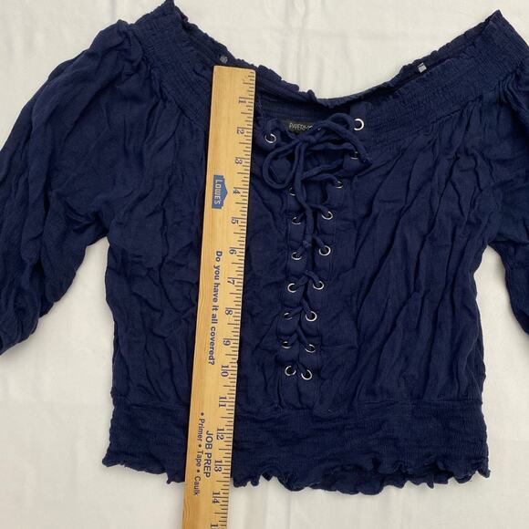 Lace Up Front Ruffled Cropped M Long Sleeve Blouse Top Navy Blue Pirate Medieval - Picture 5 of 8
